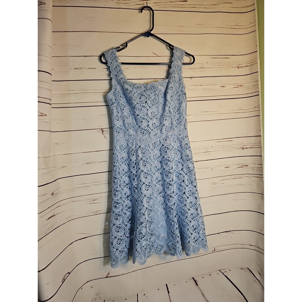 ML Monique Lhuillier Baby Blue Lace Square Neck Fit Flare Dress,Size 8